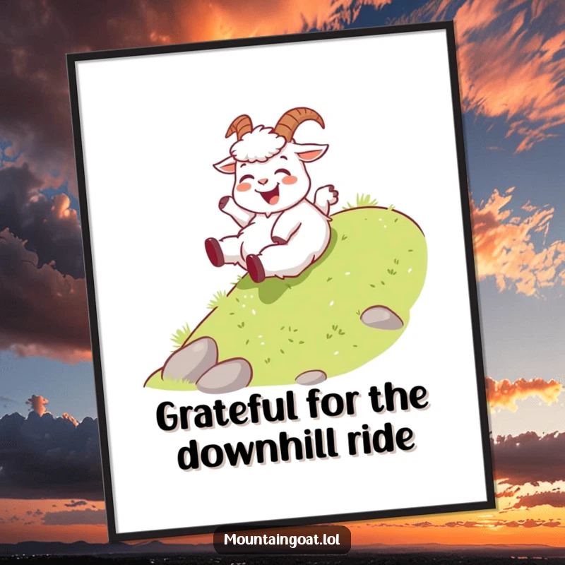 Funny free printable wall art: A joyous mountain goat playfully slides down a gentle grassy slope, bringing laughter and fun to the room.