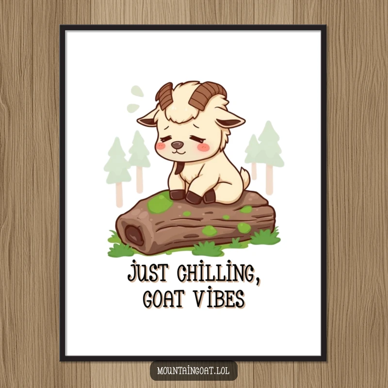 Funny Free Printable Wall Art: Tired mountain goat sighs contentedly on a mossy log, creating a humorous and relaxing vibe.