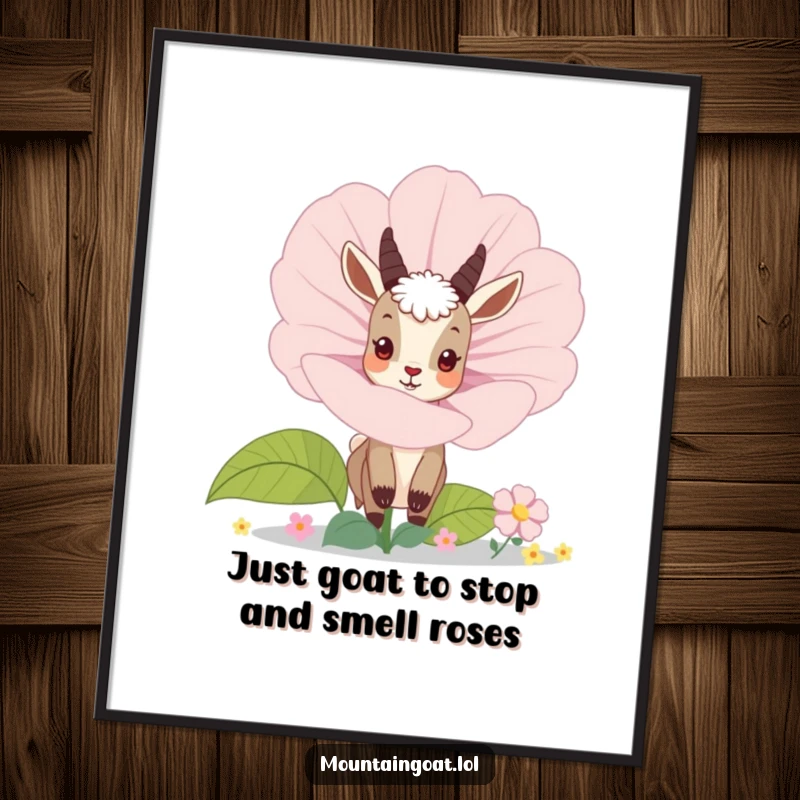 Funny Free Printable Wall Art: A curious mountain goat peeking playfully from behind a giant, vibrant blooming flower, adding charm.
