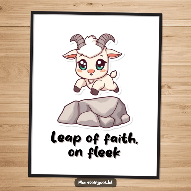Funny free printable wall art: A kawaii mountain goat with huge eyes confidently leaps over a small gap, bringing joy to any room.
