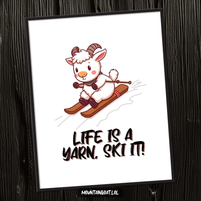 Funny Free Printable Wall Art: A playful mountain goat hilariously skiing down a slope made entirely of colorful, fuzzy yarn.