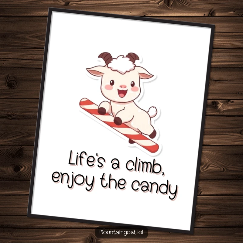 Funny Free Printable Wall Art: Kawaii mountain goat with rosy cheeks playfully leaping over a candy cane, creating art.