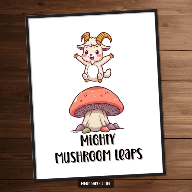 Funny Free Printable wall art of a mountain goat joyfully bouncing on a large mushroom, radiating happiness and playful energy.