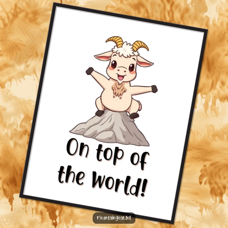 Funny Free Printable Wall Art of a happy mountain goat striking a whimsical pose on a beautifully serene mountain peak.