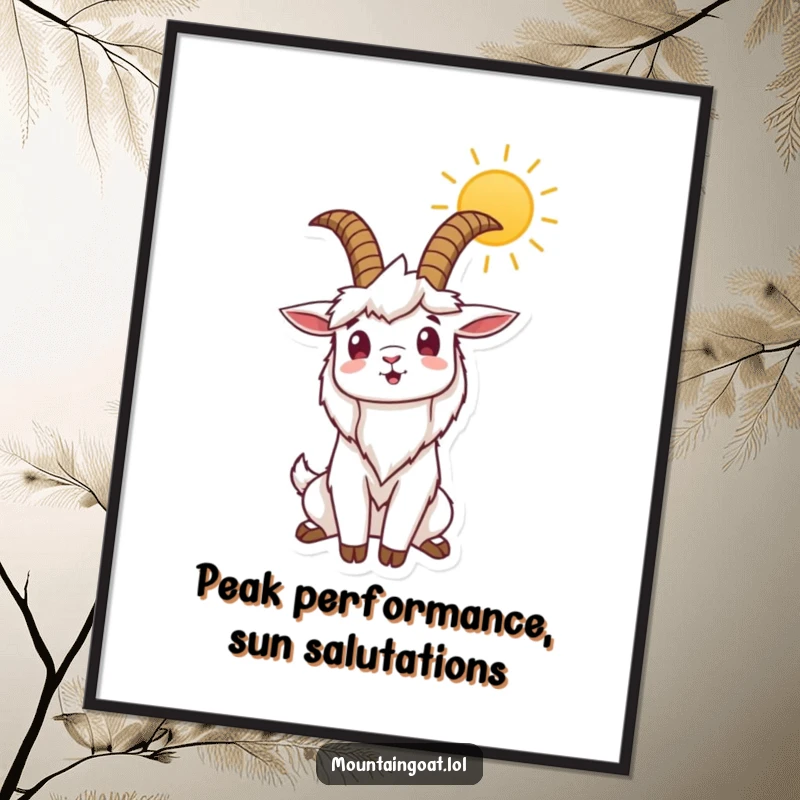 Funny Free Printable Wall Art: Mountain goat stretching its horns upwards towards the sun, a design full of positive energy, downloadable decor.