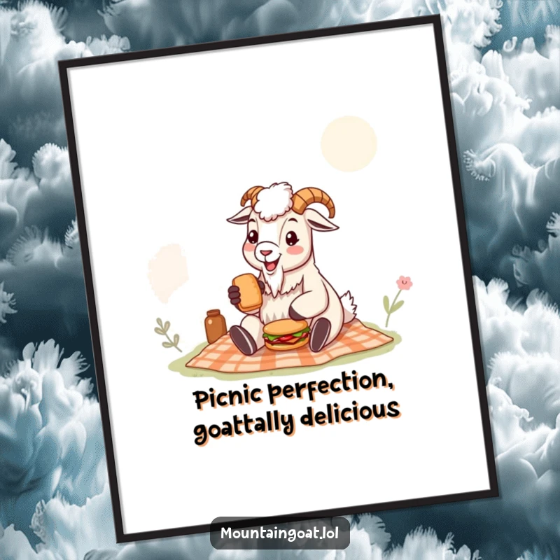 Funny Free Printable Wall Art: A happy mountain goat enjoys a tiny sandwich during a delightful picnic scene.