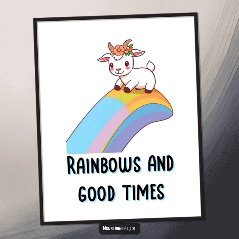Funny Free Printable wall art of a goat wearing a flower crown, happily sliding down a vibrant rainbow slope, radiating cheer.