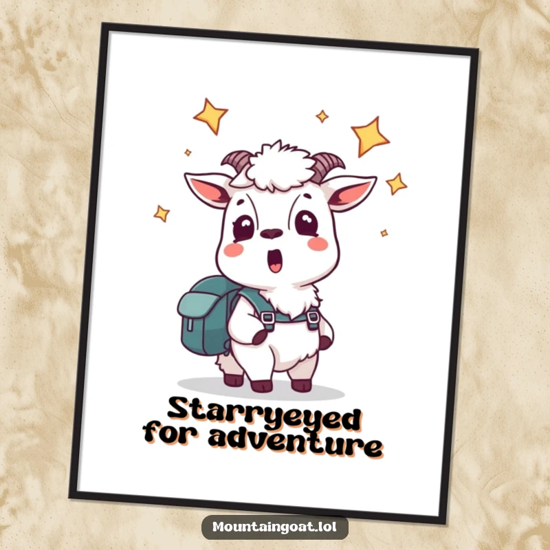 Funny Free Printable Wall Art: Startled mountain goat with backpack looks up at the stars, inspiring downloadable decor.