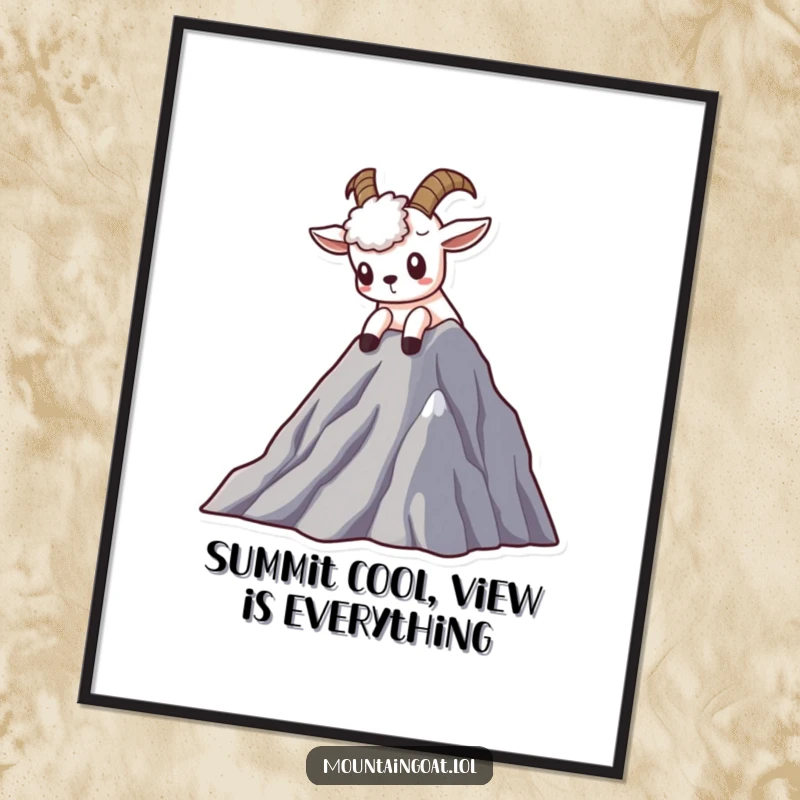 Funny free printable Kawaii mountain goat wall art, peering down from a majestic mountain peak with an inquisitive gaze.