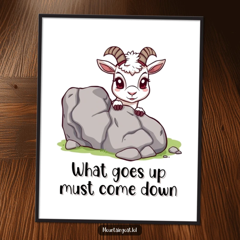 Funny Free Printable Wall Art: A curious mountain goat's head peeking with wide eyes from behind a large, jagged rock.