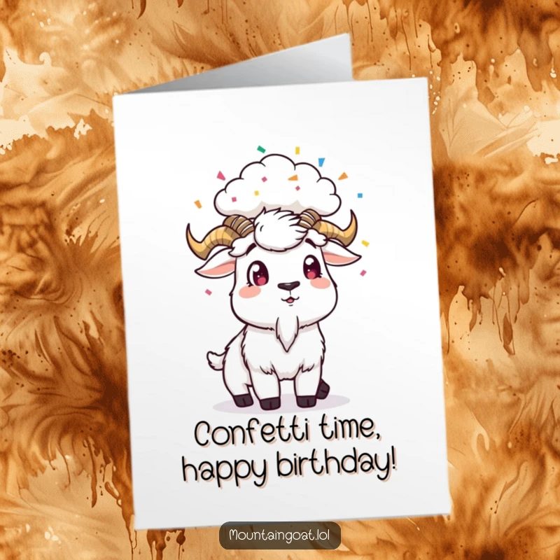 Funny Free Printable Birthday Card: Mountain goat with wide eyes looks up as a tiny cloud rains colorful confetti on its head.