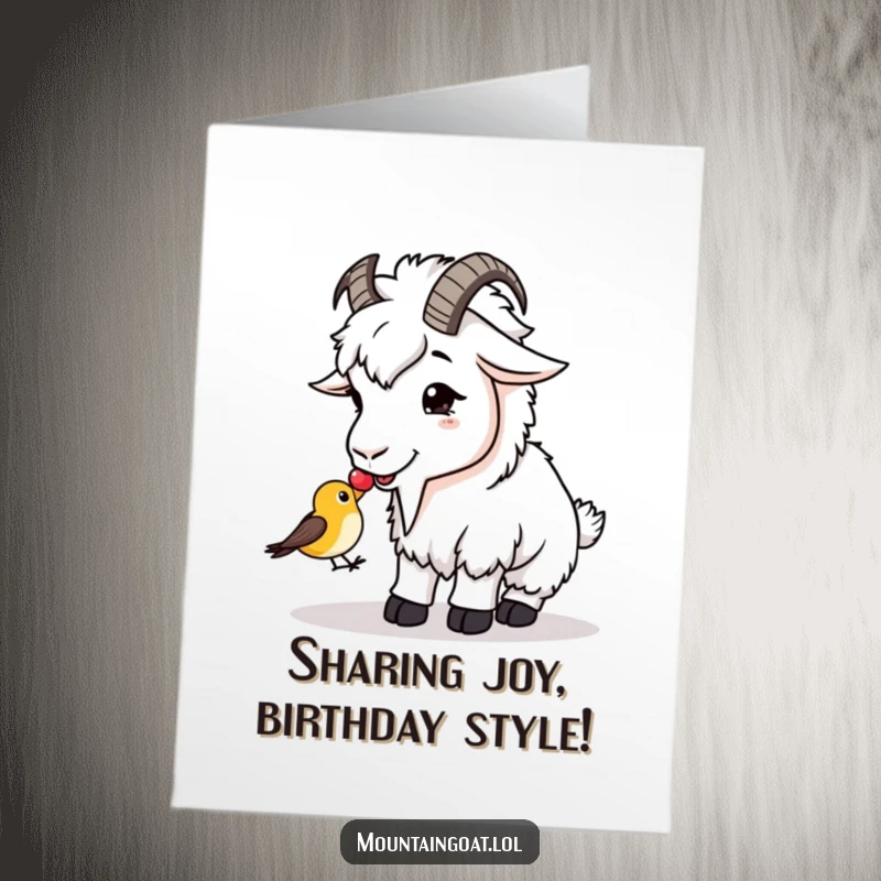 Funny Free Printable Birthday Card: A friendly mountain goat offers a berry to a tiny, wide-eyed bird in a sweet gesture.