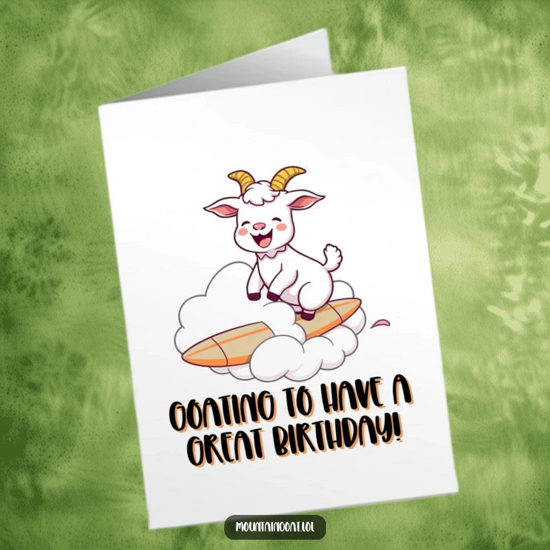 Funny Free Printable Birthday Card: Goat joyfully surfing a cloud like a surfboard, perfect for a laugh.