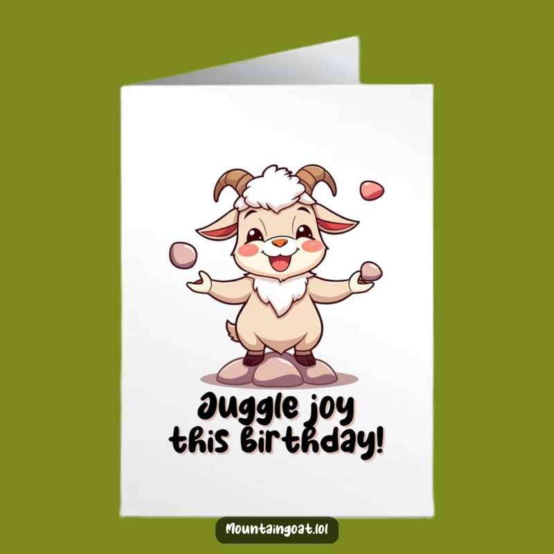 Free Printable Birthday Card: Juggling Goat Pebbles, Funny Downloadable Greeting for a Happy Day
