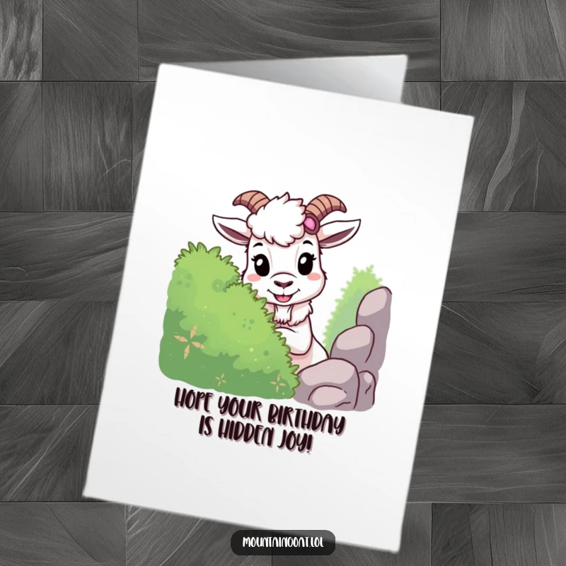Funny Free Printable Birthday Card: A mountain goat with a mischievous grin peeks out from behind a bush playing hide-and-seek.