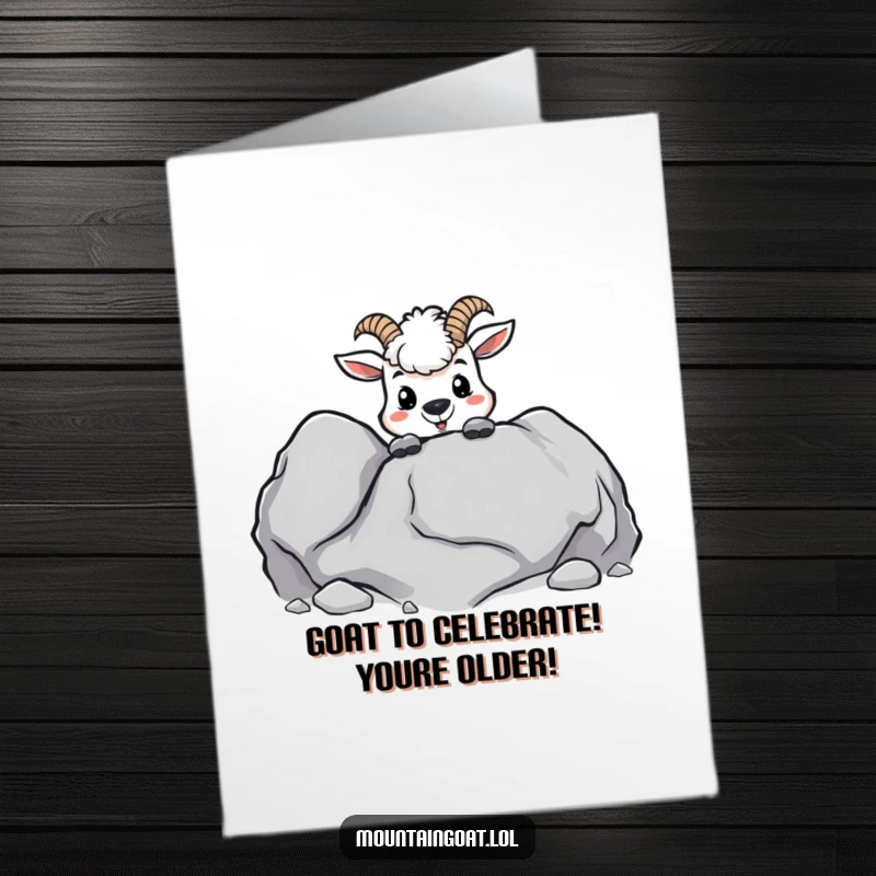 Funny Free Printable Birthday Card: Mischievous kawaii goat peeking playfully from behind a boulder, ready to surprise.