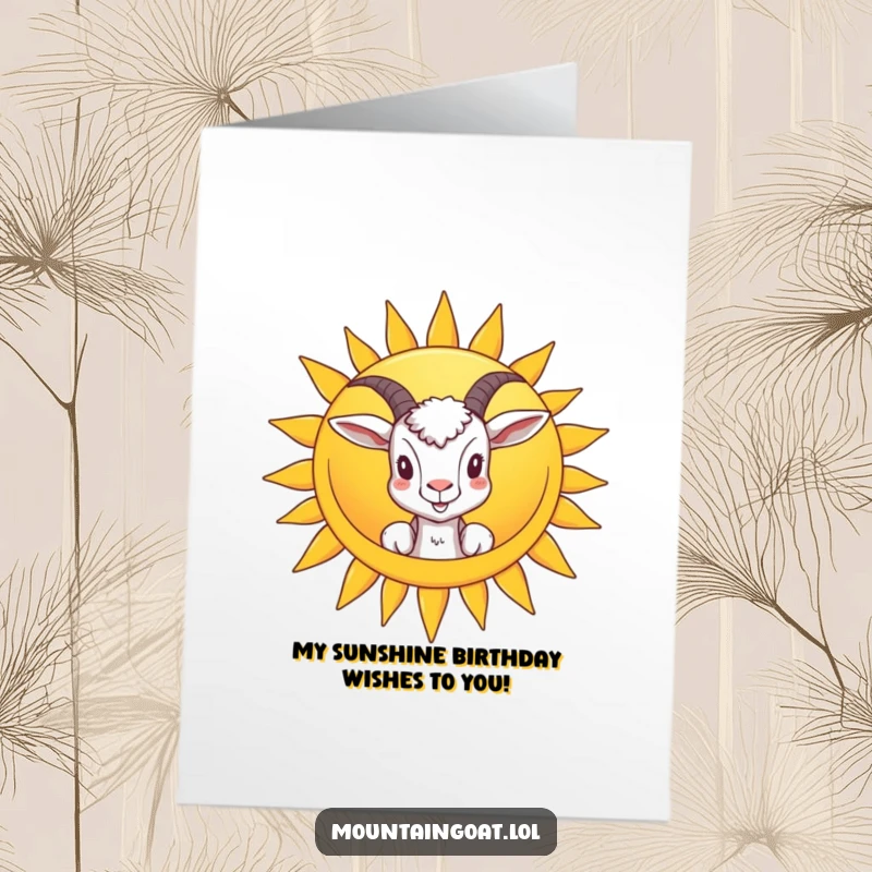 Funny Free Printable Birthday Card: A goat peeks from behind a giant, smiling sun, wishing a happy birthday. Cheerful and cute.