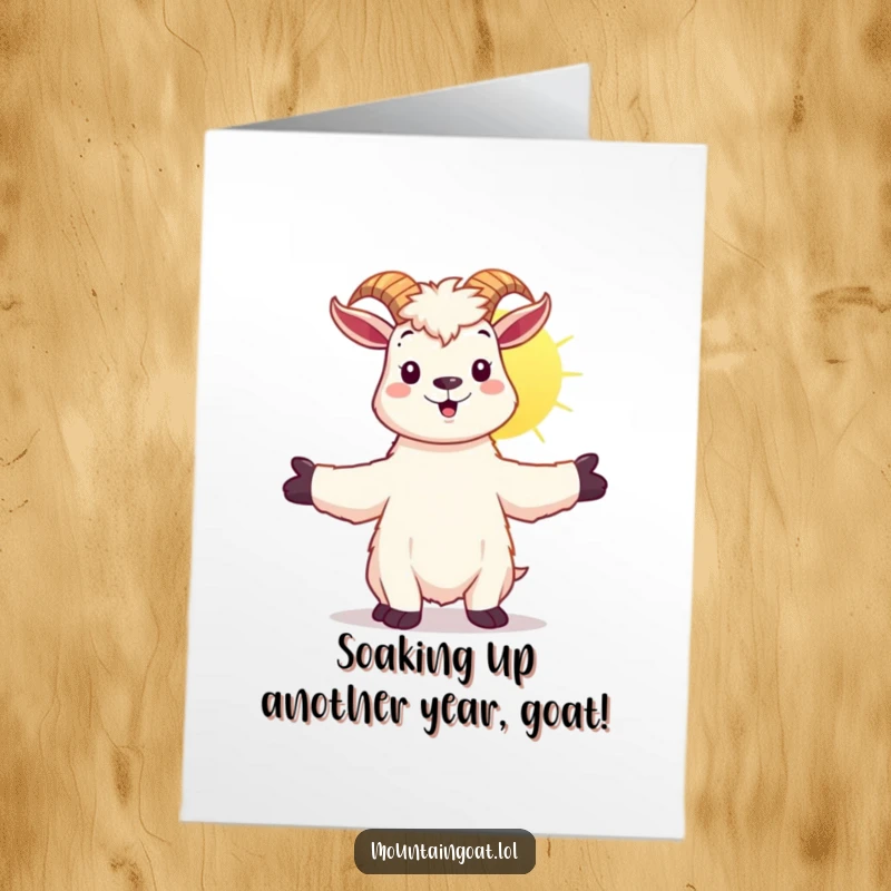 Funny Free Printable Birthday Card: Happy kawaii mountain goat with arms wide open, joyfully embracing the sunshine.