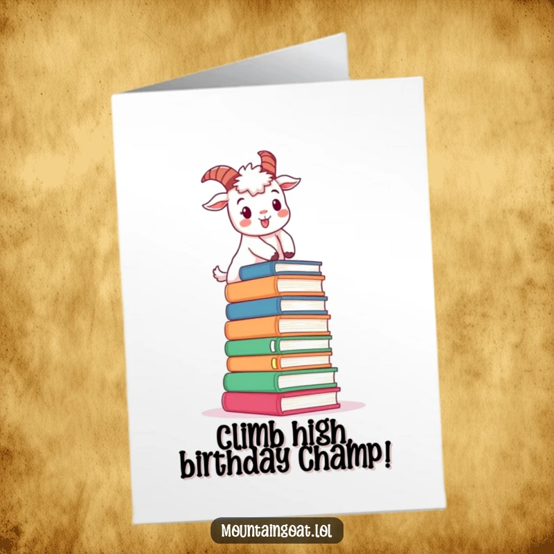 Funny Free Printable Mountain Goat Birthday Card: A determined goat cheerfully climbs books, celebrating a birthday full of wisdom and fun.
