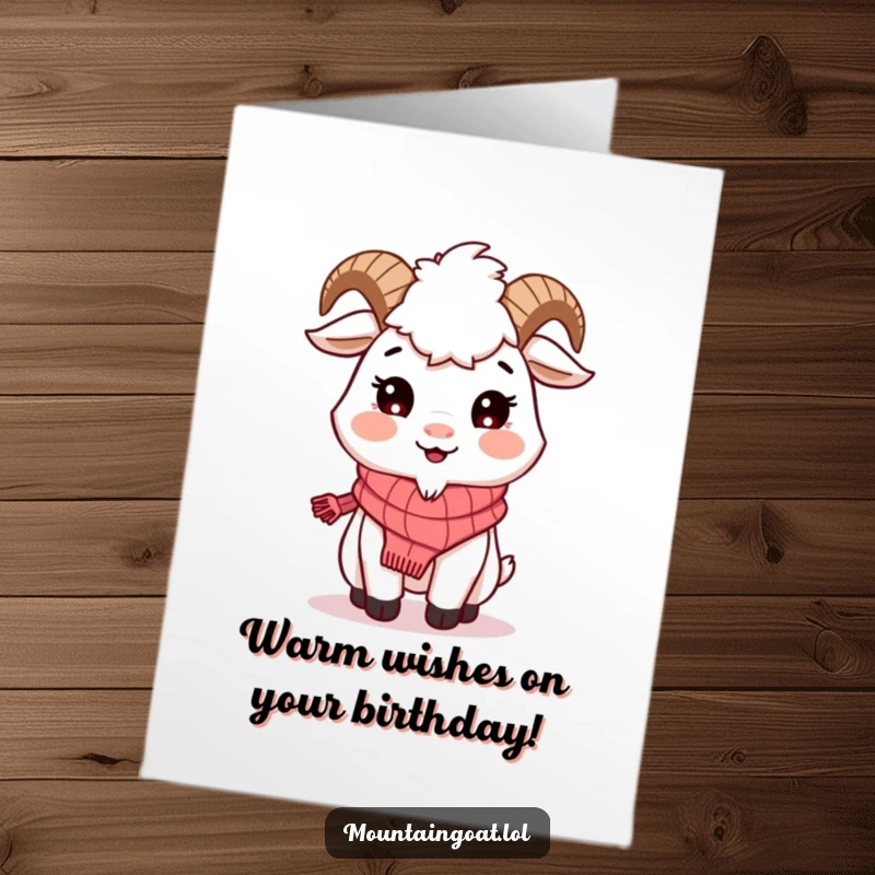 Funny Free Printable Birthday Card: A mountain goat wearing a cute knitted scarf offers a warm, friendly smile.