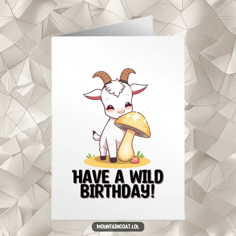 Funny Free Printable birthday card featuring a curious goat sniffing a sparkling, giant mushroom, inviting discovery.