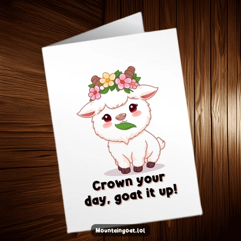 Funny free printable birthday card: Fluffy white mountain goat wearing a flower crown happily munches a high leaf, celebrating with a snack.