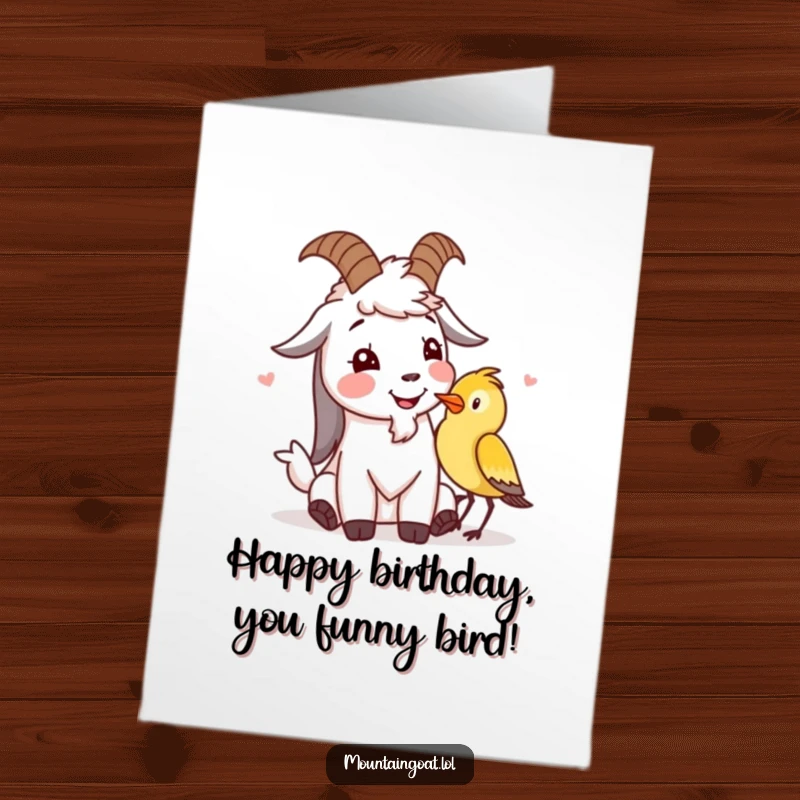 Funny Free Printable birthday card: A mountain goat character sharing a hearty giggle with a tiny cheerful bird perched nearby.