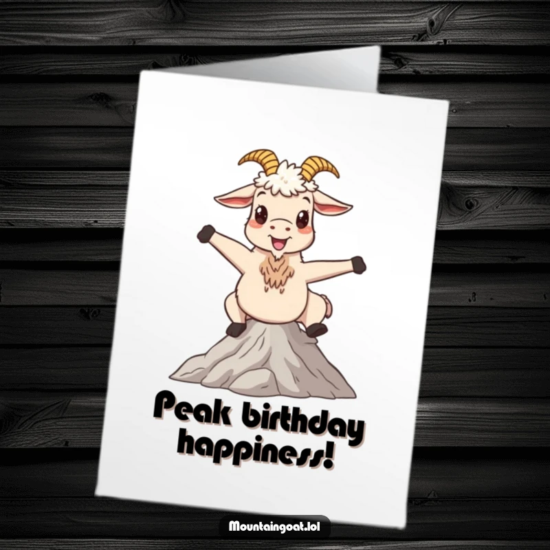 Funny Free Printable Birthday Card featuring a happy mountain goat striking a whimsical, joyful pose on a serene mountain peak.