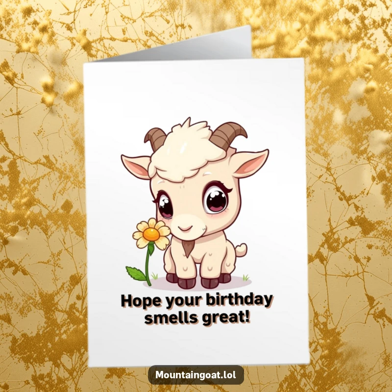 Funny Free Printable Birthday Card: A curious Kawaii mountain goat with big eyes sniffing a single, delicate flower, a whimsical wish.