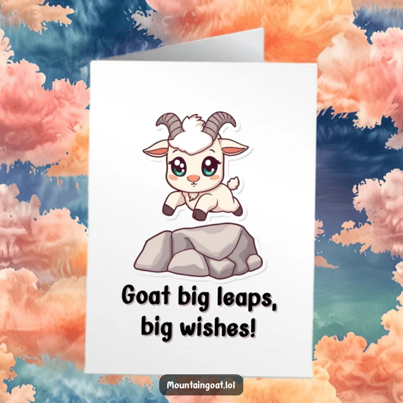 Funny free printable birthday card: Kawaii mountain goat with big eyes confidently leaps across a gap, perfect for a daring celebration.