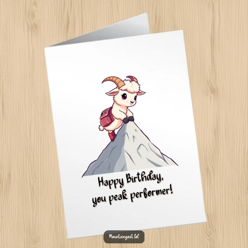 Funny Free Printable Birthday card featuring a kawaii mountain goat in hiking boots, celebrating reaching a summit.