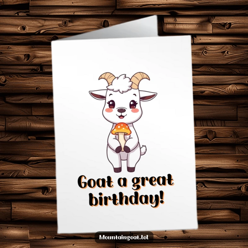 Funny Free Printable Birthday Card: Happy mountain goat hilariously balancing a tiny, colorful mushroom on its nose, ready to celebrate.