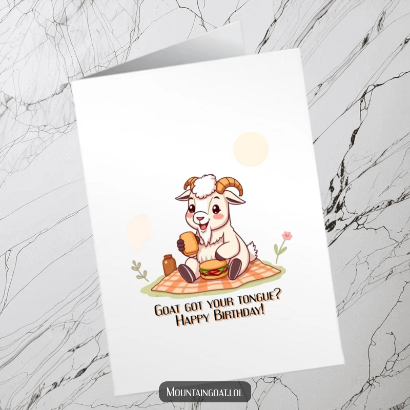 Funny Free Printable Birthday Card: A happy mountain goat eats a tiny sandwich at a picnic, spreading joy.