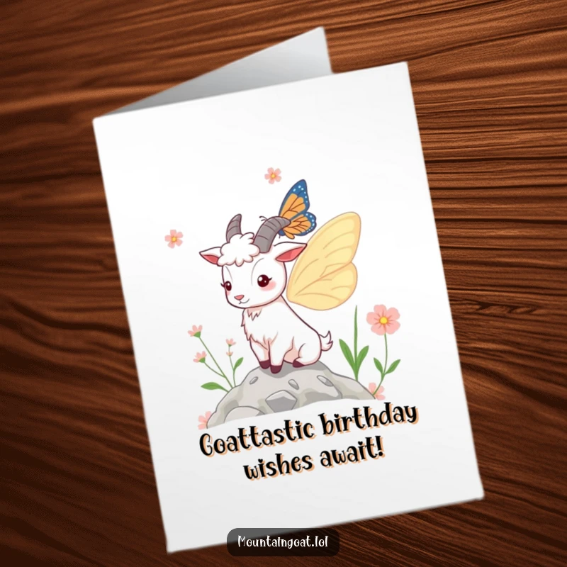 Funny free printable birthday card featuring a fluffy mountain goat with colorful butterfly wings, joyfully hovering near mountain flowers.