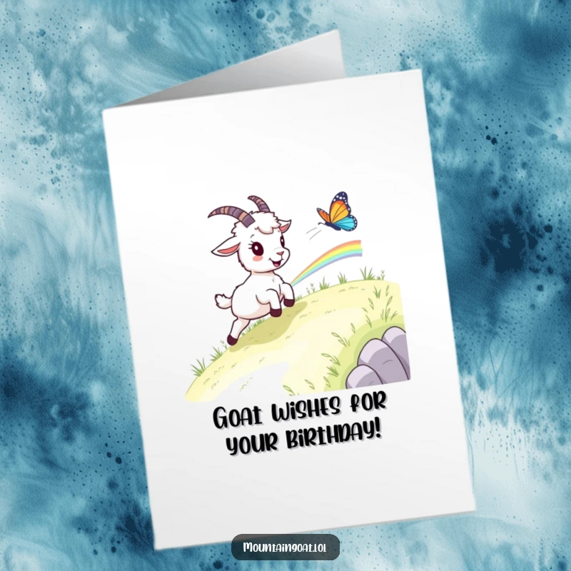 Funny Free Printable Birthday Card: A mountain goat joyfully chasing a vibrant rainbow butterfly.