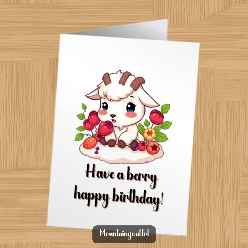 Funny Free Printable Birthday Card: Mountain goat happily munches vibrant berries, celebrating a birthday with rustic charm.