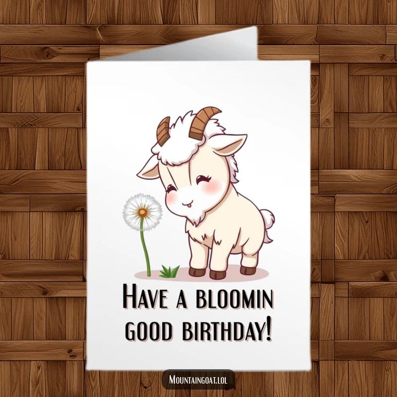 Funny Free Printable Birthday Card: Kawaii mountain goat playfully bumping heads with a giant, fluffy dandelion, seeds flying everywhere.