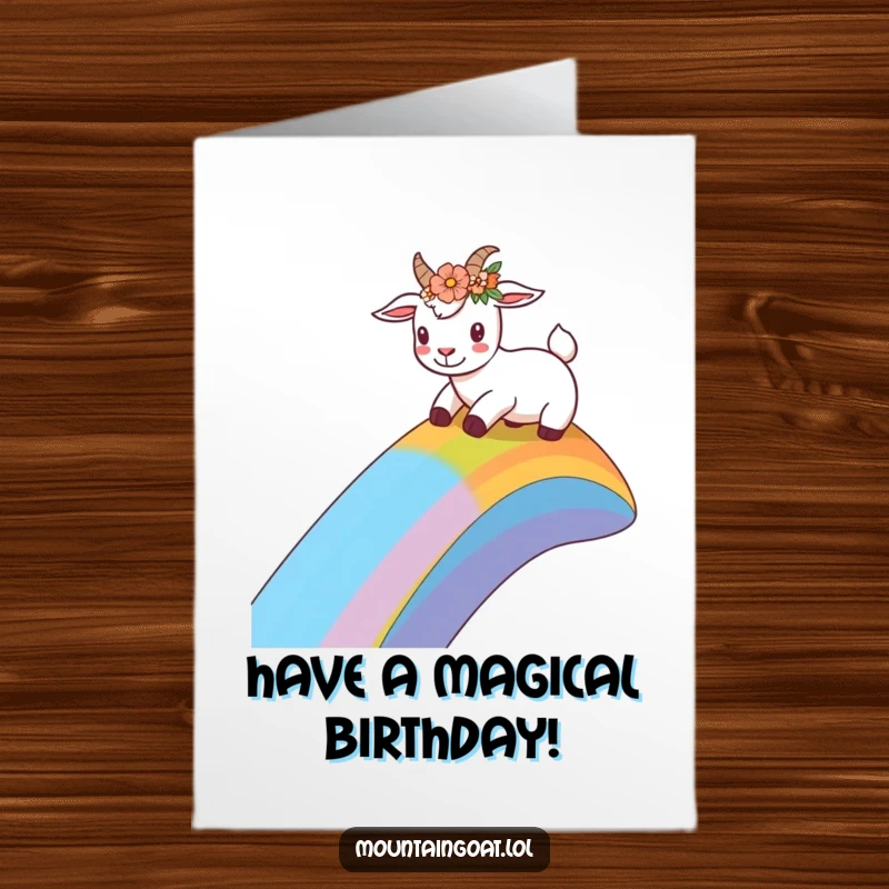 Funny Free Printable birthday card featuring a happy goat in a flower crown sliding down a rainbow, embodying pure bliss.