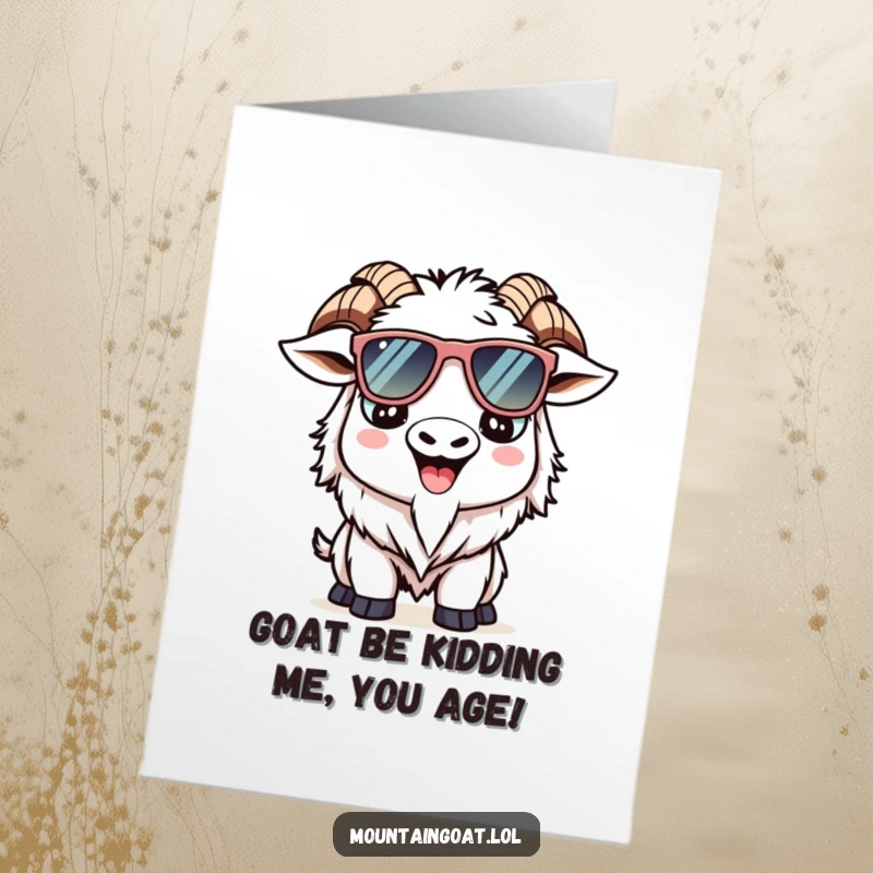 Funny free printable Kawaii mountain goat birthday card, wearing oversized sunglasses and flashing a cool, happy smile.