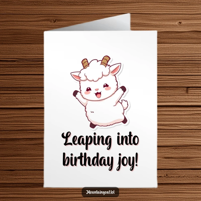 Funny Free Printable Birthday Card: Fluffy white mountain goat with tiny horns leaping joyfully, capturing pure happiness, a downloadable gift.
