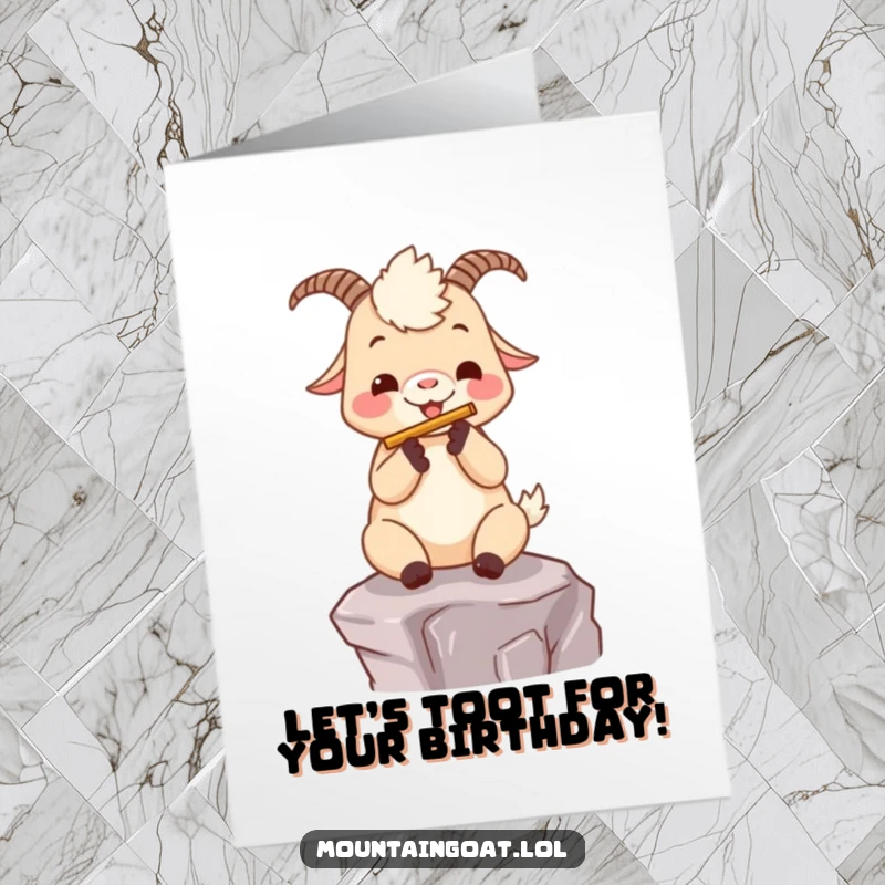 Funny Free Printable Birthday Card: A joyful Kawaii mountain goat playing a tiny flute on a scenic ledge, a happy birthday tune.