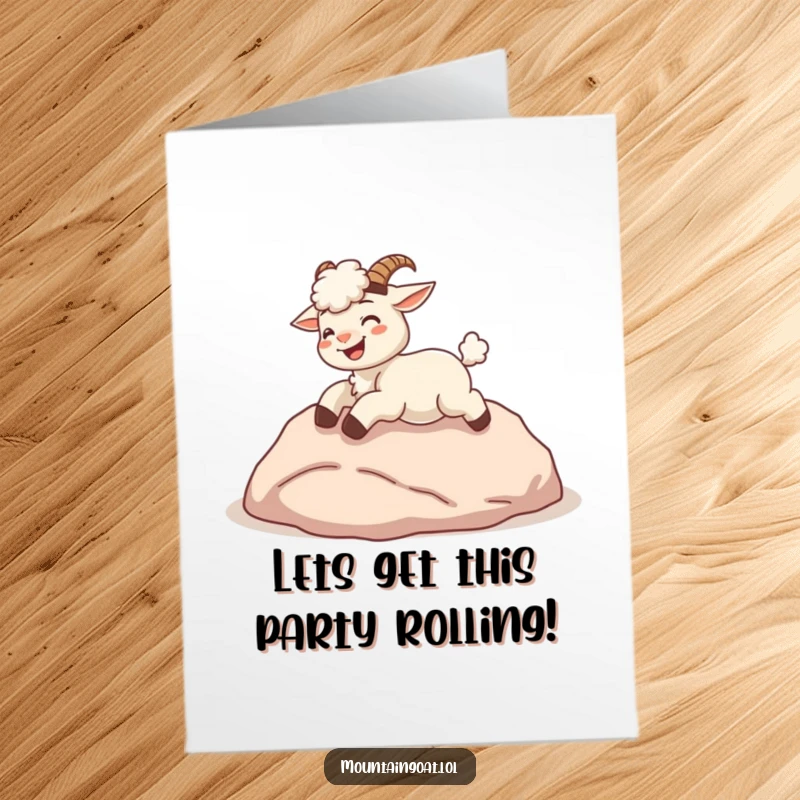 Funny Free Printable Birthday Card: Giggling kawaii mountain goat joyfully rolling down a soft green hill, full of mirth.