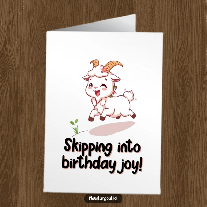 Joyful Free Printable Birthday Card: A happy mountain goat with flowers in its fur skipping energetically uphill.