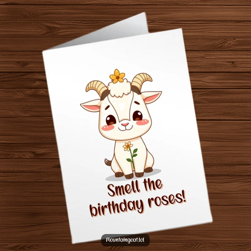 Funny Free Printable Birthday Card: Giggling mountain goat balancing a tiny flower on its nose, a hilarious birthday greeting.