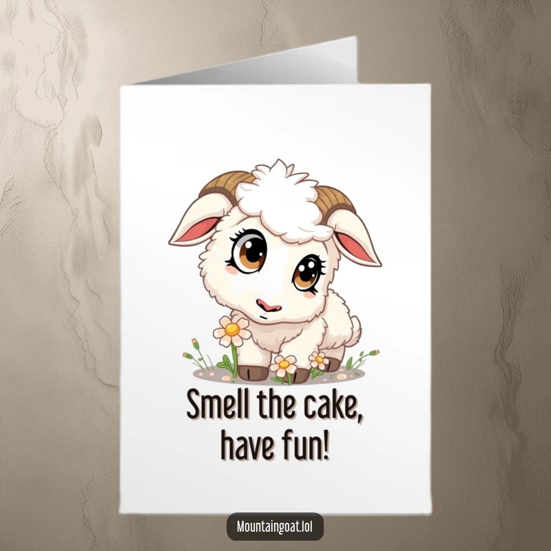 Funny Free Printable Kawaii Mountain Goat Card: Fluffy goat with big eyes curiously sniffing a flower for a birthday.