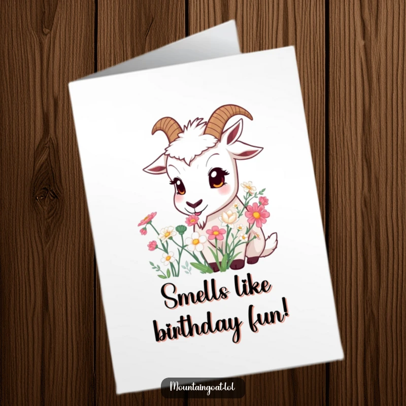 Funny free printable birthday card: A wide-eyed mountain goat curiously sniffing a colorful bouquet of mountain flowers. Sweet and charming.