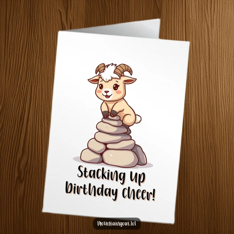 Funny Free Printable Birthday Card: A determined Kawaii mountain goat carefully balancing a tall stack of tiny rocks, a feat of focus.