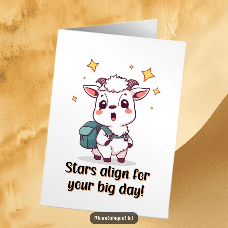 Funny Free Printable Birthday Card: Startled mountain goat with backpack looks up at stars, a wondrous birthday wish.
