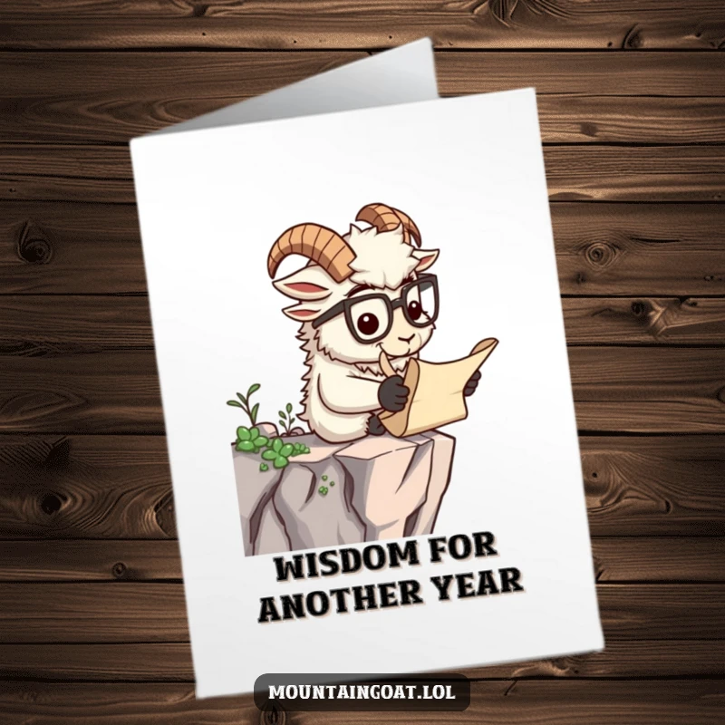 Funny Free Printable Birthday Card: Scholarly mountain goat wearing spectacles reads a scroll on a cliff, a wise birthday message.