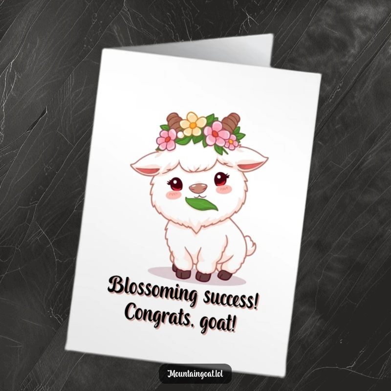 Funny free printable congratulations card: Fluffy mountain goat with flower crown happily chews a high leaf, celebrating success with a peaceful moment.